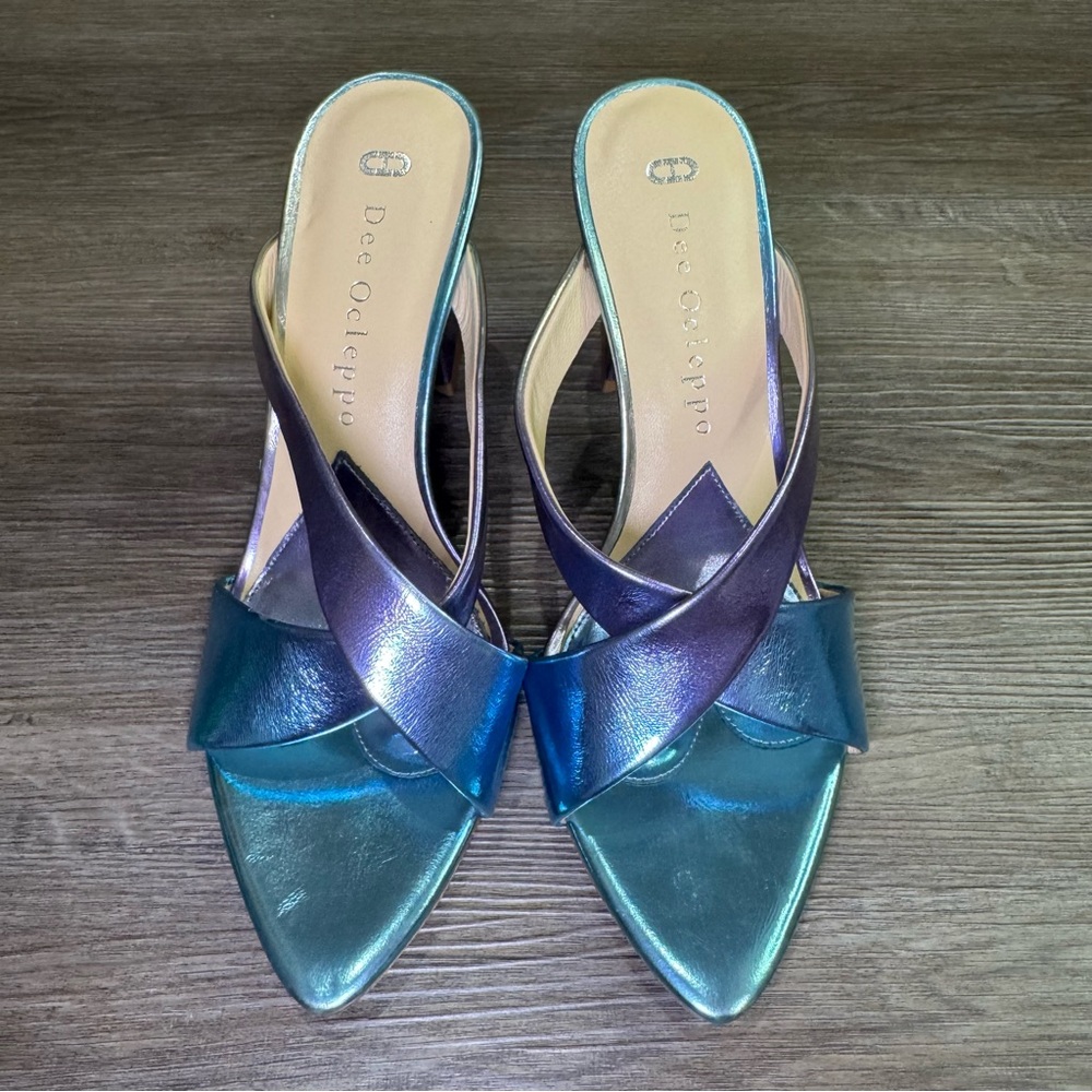 Dee Ocleppo Ombré Mermaid Blue Purple Metallic Calf Leather Heel Mules